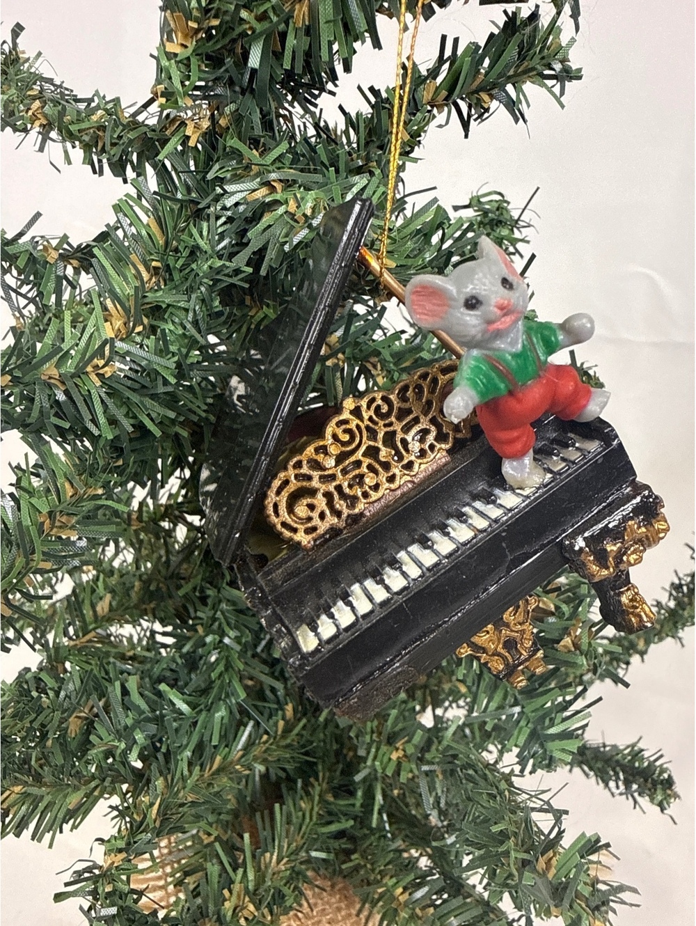 Vintage Black Grand Piano Christmas Ornament with Mouse Figurine